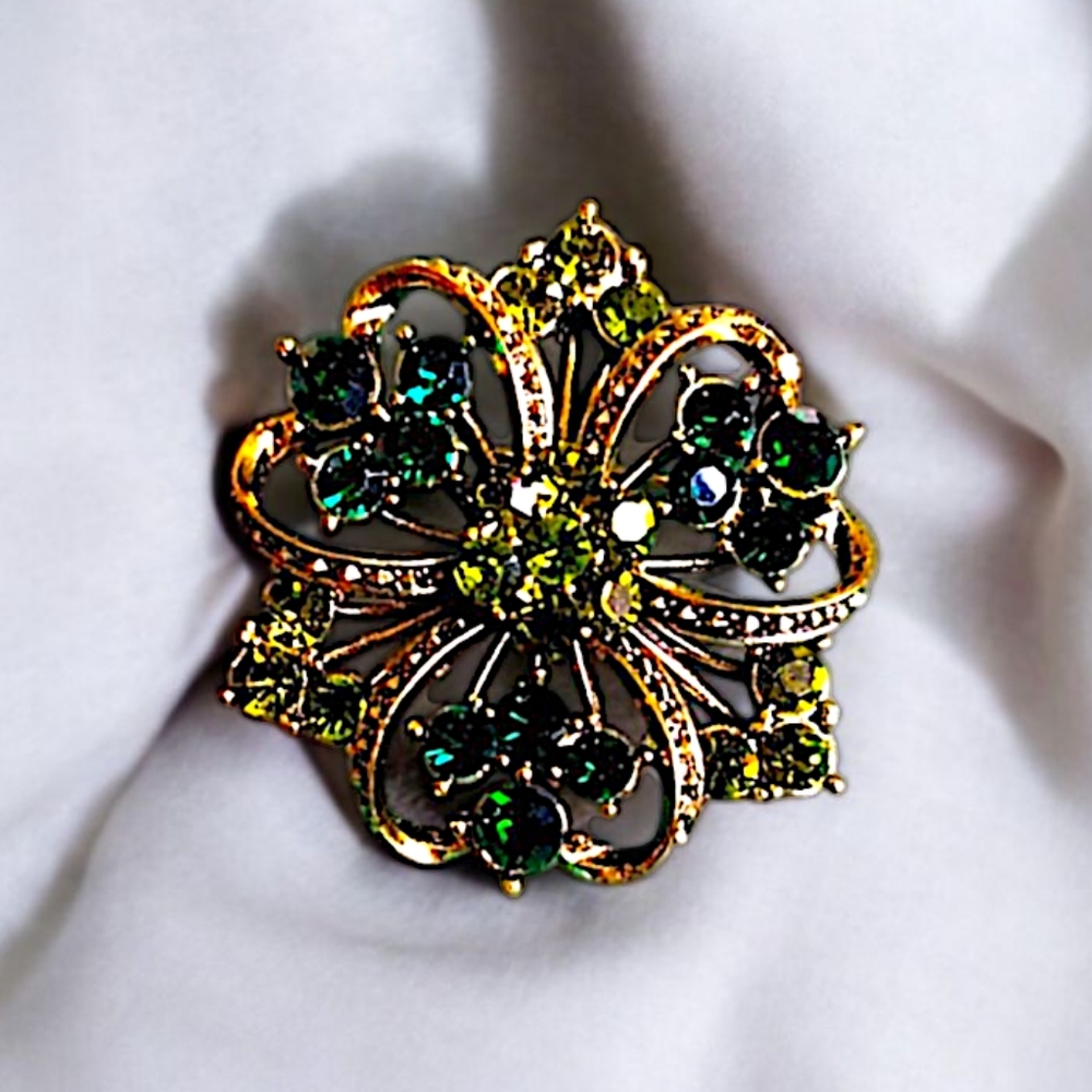 Shades of Green Floral Rhinestone Brooch - Picture 2 of 4